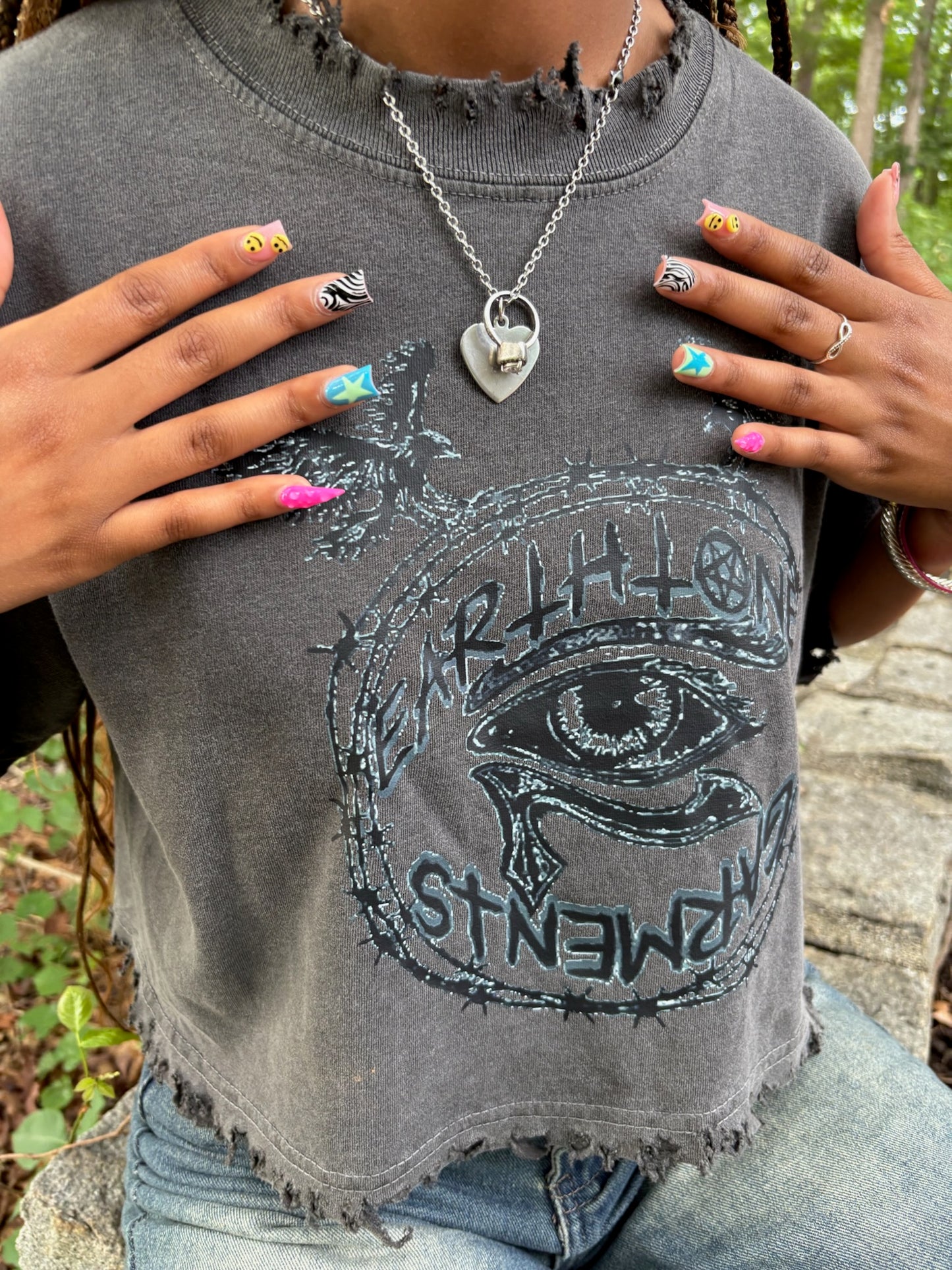 Dark grey Hand Distressed Short Sleeve cropped boxy tee