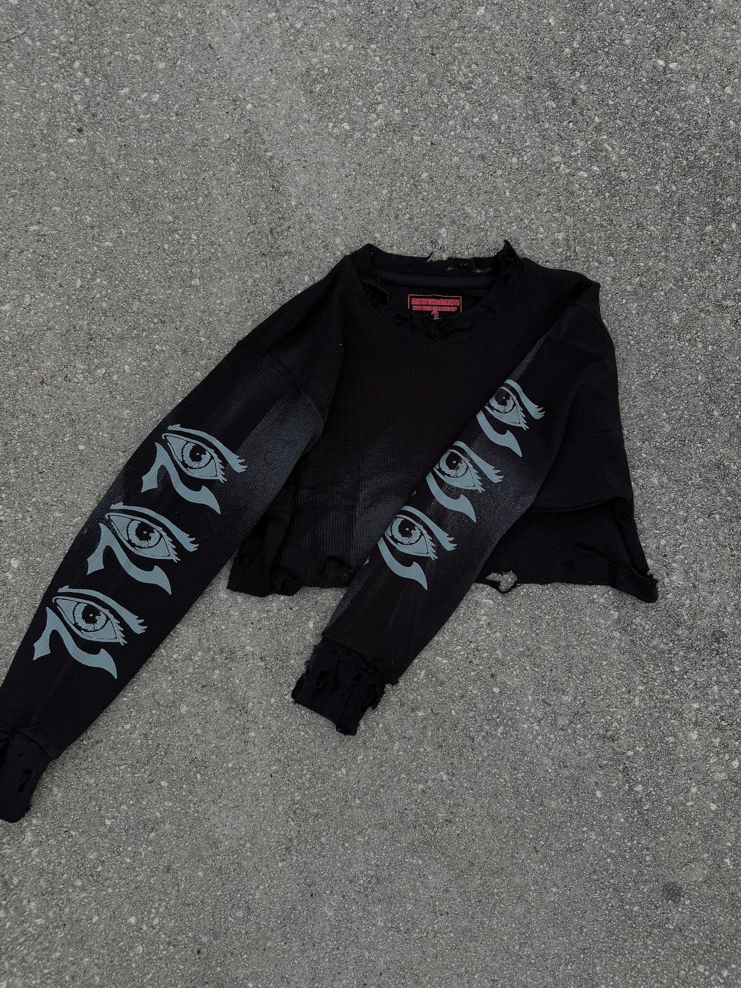 Black Washed Long Sleeve Copped Hand distressed Thermal
