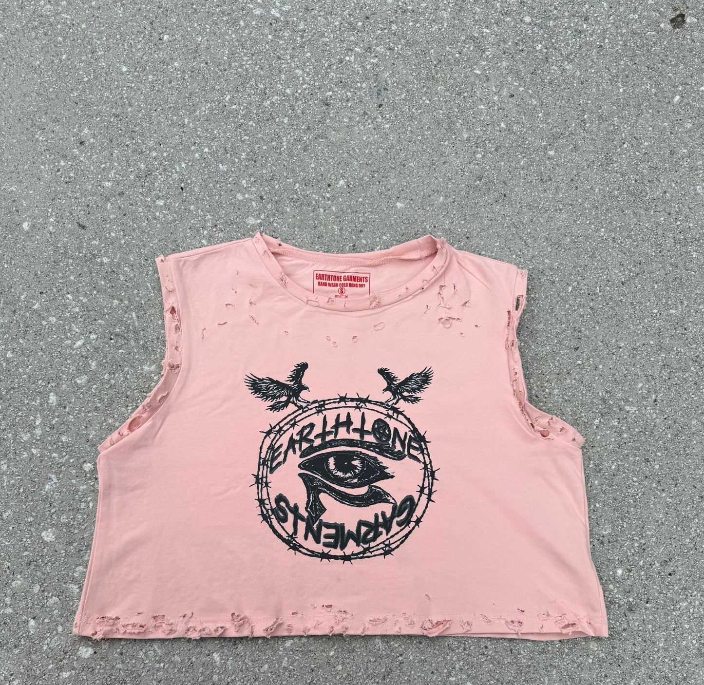 Salmon Pink Hand-Distressed Sleeveless cropped Tee