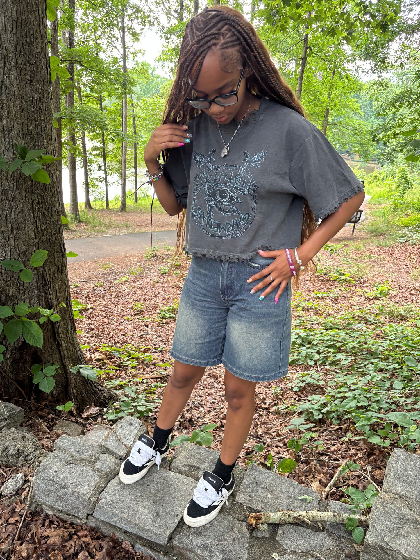 Dark grey Hand Distressed Short Sleeve cropped boxy tee