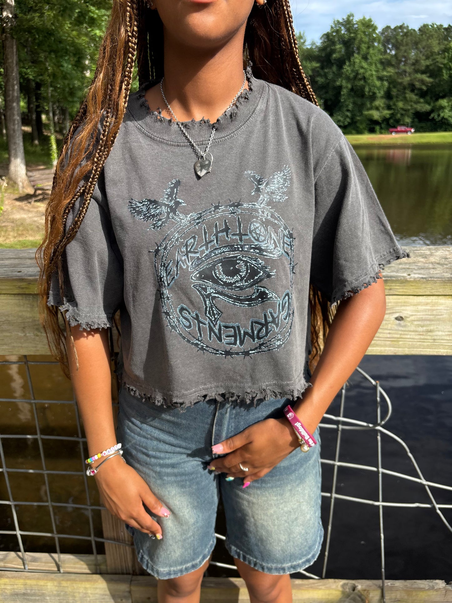 Dark grey Hand Distressed Short Sleeve cropped boxy tee