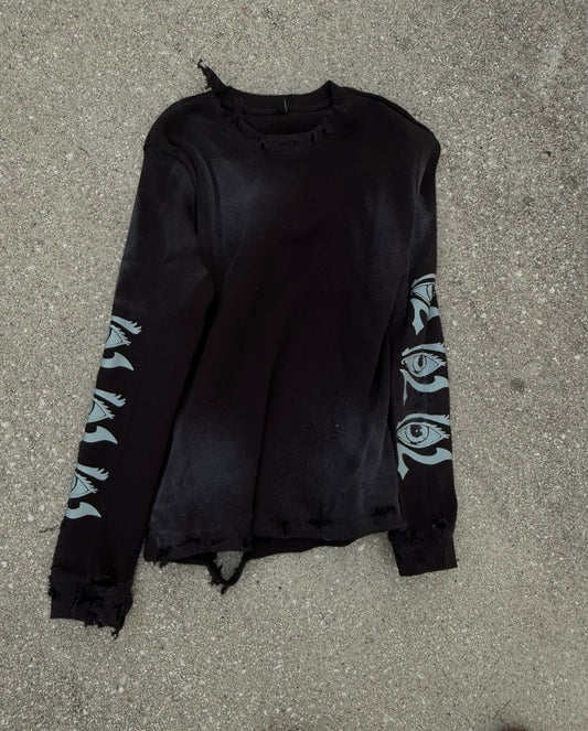 Black Washed Hand Distressed Eye of Horus Long Sleeve Thermal