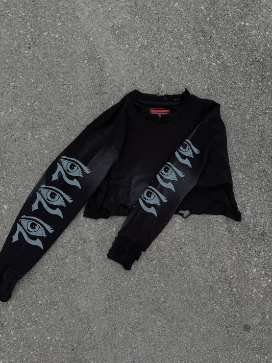 Black Washed Long Sleeve Copped Hand distressed Thermal